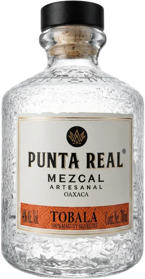 Botella oficial de Punta Real Mezcal Artesanal Tobalá, 100% maguey silvestre