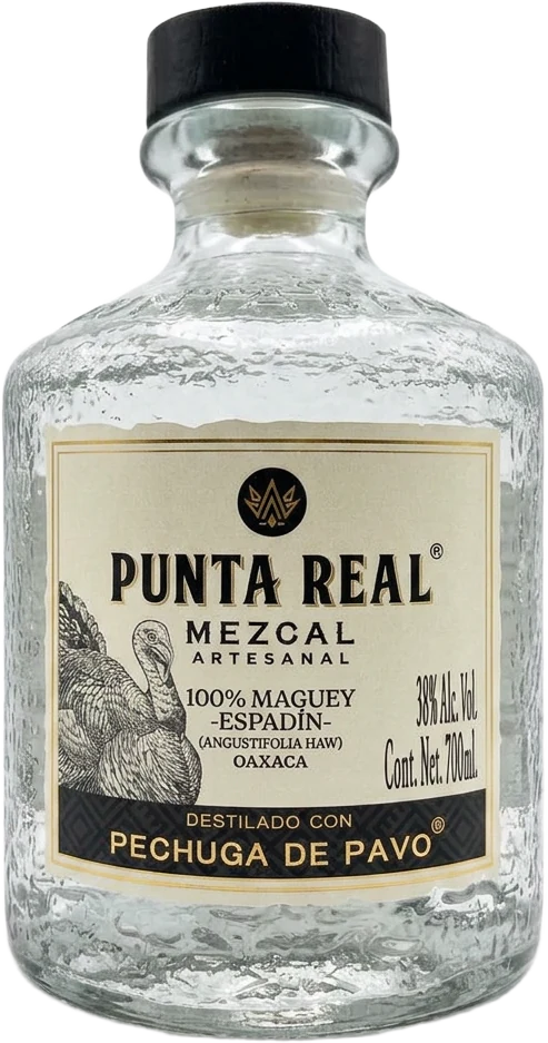 Botella oficial de Punta Real Mezcal Artesanal destilado con Pechuga de Pavo, 100% maguey espadín